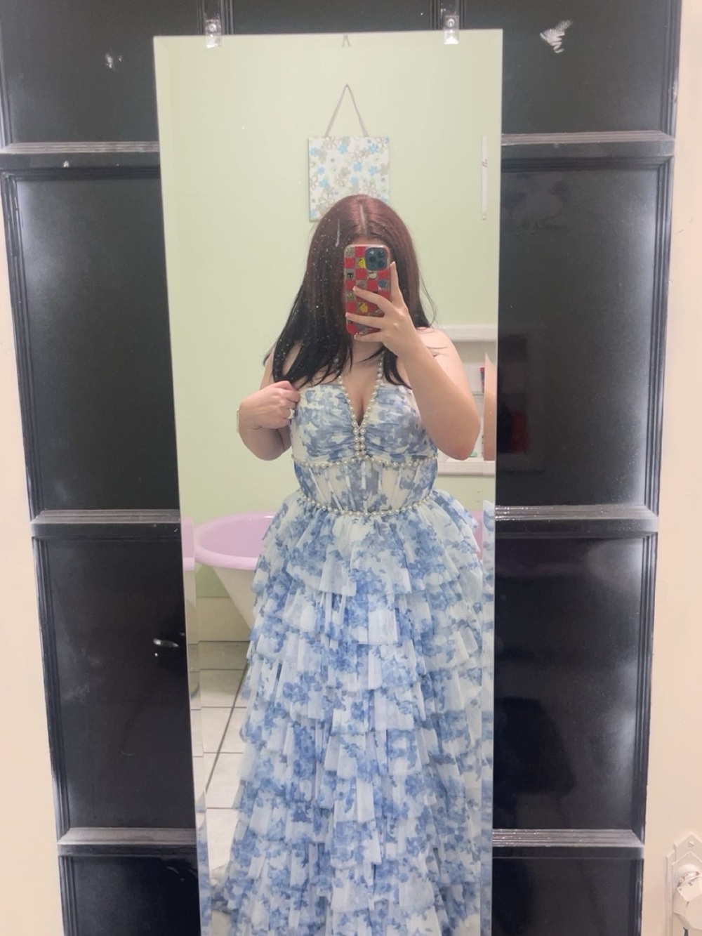 Girls' Blue Floral Tiered Formal Dress with Ruffle Skirt